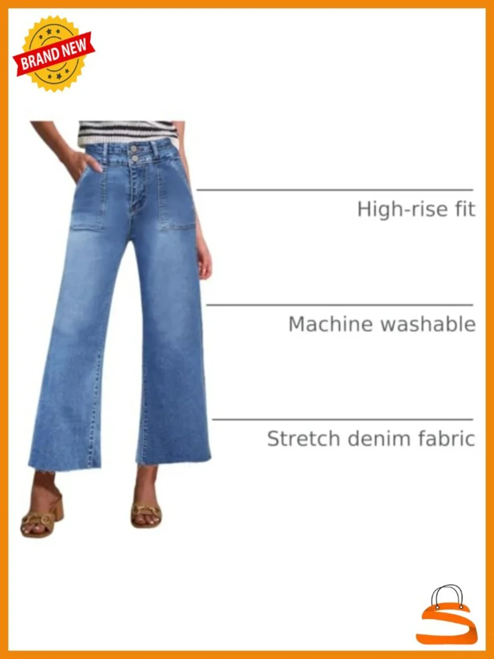Womens High Rise Two Button Closure Cropped Wide Leg Jeans with Slip Pockets